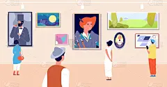 艺术画廊。美术馆绘画巡展。艺术家绘画，画布图像和游客。女人和展示矢量插图