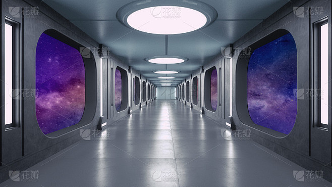 3 d渲染。未来宇宙飞船科幻走廊建筑
