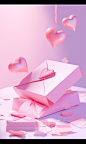 valentines day romantic love concept on a white background, in the style of light pink and light indigo, playful geometries, realistic still lifes with dramatic lighting, letterboxing, frequent use of diagonals, playful and whimsical imagery, mail art