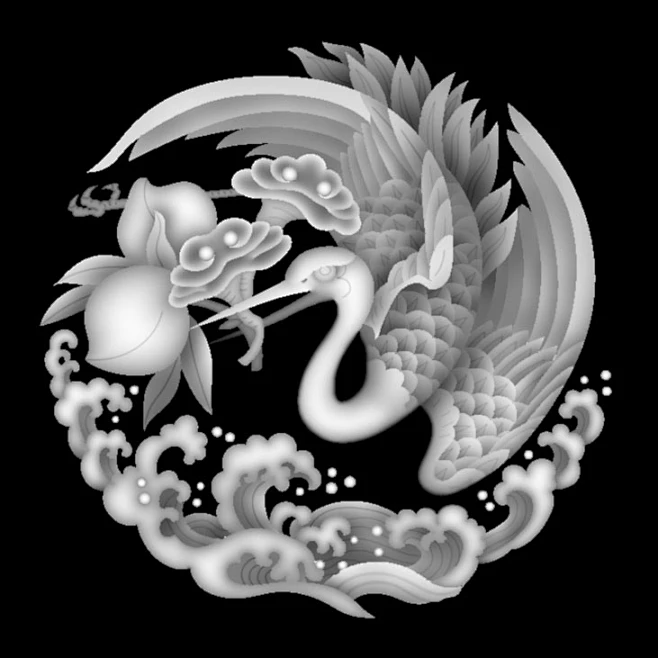 E067精雕图浮雕灰度图雕刻松鹤图库-花瓣网