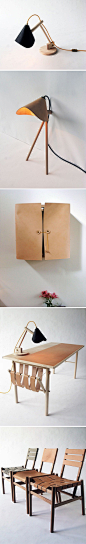 [创意设计家具] 瑞典设计师David Ericsson的毕业作品，名为“Carl Malmsten made me do it”。其中包括四盏灯，三把椅子，一个墙柜和一张桌子，比较特别是设计结合了皮革、亚麻布和木材这三种材料