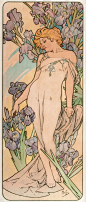 《花朵系列四联画》1900年。鸢尾——
四种花在穆夏的画中化身为姿态不一的婀娜女神。