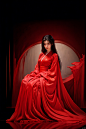 High detailed, masterpiece, A girl, Half-body close-up, solo, female focus：1.35, Tears in the eyes, [Shed tears], widow's peak, Long hair drifting away：1.5, Red, Hanfu|kimono）, /, Suspended red silk：1.35, BREAK, fine gloss, full length shot, Oil painting