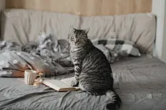 搞笑的苏格兰直猫躺在床上看书，温馨的家气氛