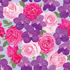 兰兰和玫瑰花在蓝色背景模板无缝图案。