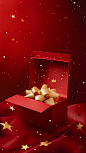 Open christmas gift box with golden ribbon and stars, in the style of surreal fashion photography, minimalist painter, red, folded planes, chinapunk, conceptual installation art, photorealistic detail