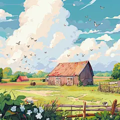 (3/4)以复古视觉风格绘制的数字农场场景，高度详细，PS1图形，地平线，木材，2D(AI绘图来自WeDraw.art)