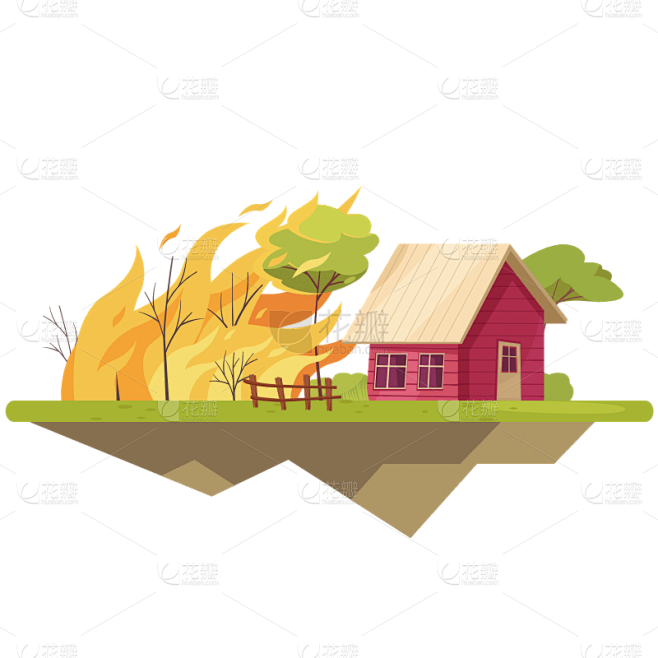 卡通-自然灾害救援场景插画-火灾