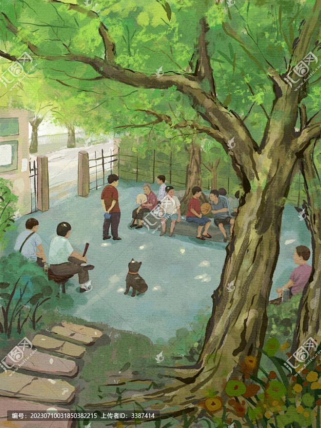 水墨夏天树下乘凉的人插画