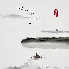 小船远山飞鸟意境插画新中式水墨画禅意静谧装饰画