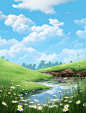 a photo of a beautiful grass land scene, in the style of hyper-realistic water, flower and nature motifs, rough edges, vibrant stage backdrops, ferrania p30, simplistic cartoon, pastoral charm