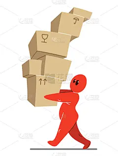 快递员有趣的卡通人携带许多箱子向量平面风格插图孤立的白色，上班族，互联网零售和家庭送货概念。