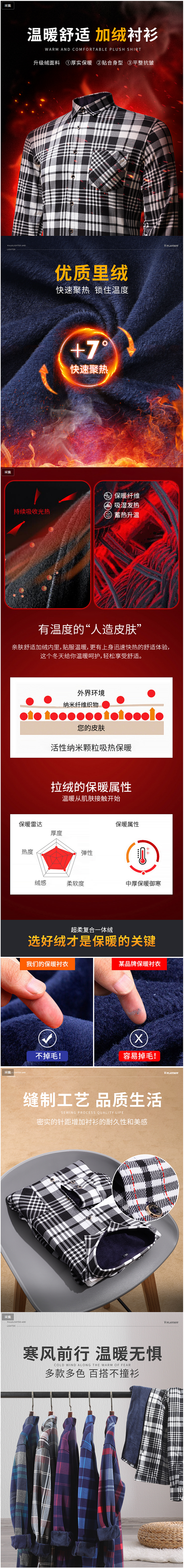花花公子加绒衬衫男冬季长袖上衣保暖加厚格...