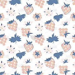 可爱的夏天模式。斯堪的纳维亚风格的水果插图。手绘的粉红色和蓝色草莓。草莓花和叶子。可爱的幼稚概念纺织