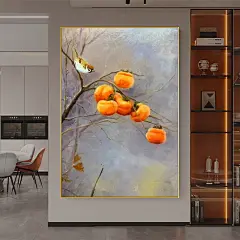 手绘油画事事如意柿子玄关壁画喜上眉梢喜鹊装饰画新中式客厅挂画-淘宝网