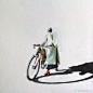 来自印度艺术家 Allen Shaw的作品，以自行车作为作品叙述的元素，描绘着自行车在人们日常生活中的位置，同时也在倡导绿色生活这一理念。#求是爱设计# ​​​​