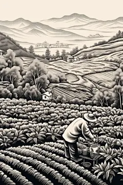 AI数字艺术复古铜版画茶园茶叶插画-众图网