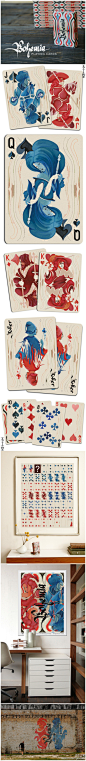 扑克虽小，可是供创作的空间可不小！看看这个由uusi设计的名为Bohemia的扑克，据说设计师的灵感来自于十七世纪巴洛克风格和现代街头艺术的混搭。无论是手绘的人物形象，还是古典的花体数字都让扑克牌增加了很多艺术特色，档次得到了提升！ via: http://t.cn/zlaSkiz