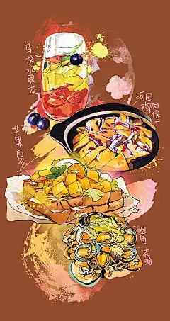 美食手绘插画 竖屏海报套餐 西多士饮料 海报背景图片下载