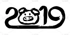 2019年是中国猪年。日历海报数字字体与鼻子。白色背景上手写黑字和动物头。新年贺卡或横幅设计。