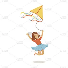 快乐的小女孩带着她的风筝奔跑，孩子们户外活动色彩斑斓的人物矢量插画