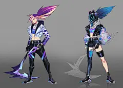 kda女团超话 【K/DA all out概念设计稿】三位设计师在Twitter发布了K/DA all out 系列的概念设计稿，伊芙琳by raspbearyart ，阿卡丽、卡莎by sojyoo #KDA女团# ​​​​