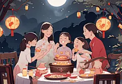 中秋满月一家人吃团圆饭赏月插画卡通唯美手绘可爱古风插画壁纸