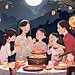 中秋满月一家人吃团圆饭赏月插画卡通唯美手绘可爱古风插画壁纸
