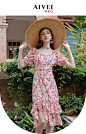 AIVEI欣贺艾薇2023夏新法式浪漫度假出游印花鱼尾连衣裙Q0360270-tmall.com天猫