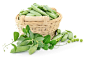 Fresh green peas in a basket on a white background.