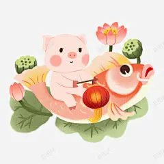 水彩手绘骑着锦鲤的小猪高清素材 页面 设计图片 页面网页 平面电商 创意素材 png素材