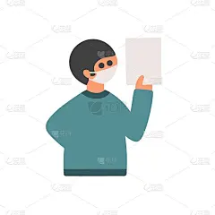 卡通人物戴着医用口罩，左手挂着一张纸。矢量无脸男子手绘简单的风格孤立在白色背景。