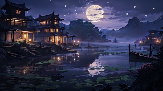 AI古风建筑素材 庭院夜景插画设计 背景临摹图 影视游戏场景资源-淘宝网-花瓣网