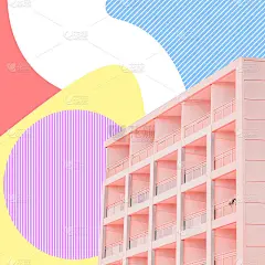 部分软粉色的夏日海滩酒店在迷幻的天空背景在彩色几何风格。旅行的概念。超现实主义艺术拼贴