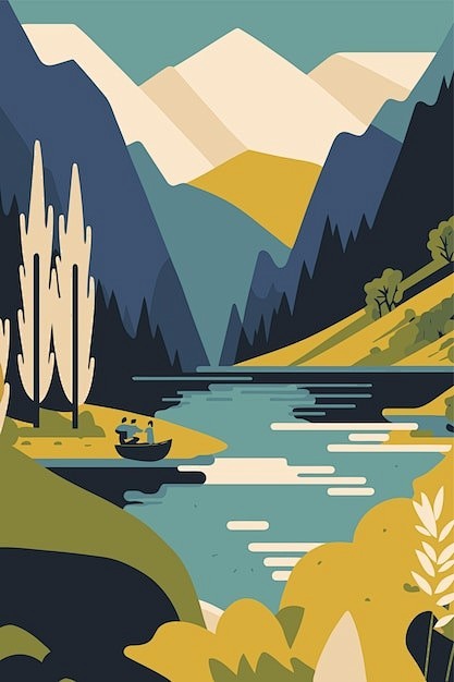 河流小溪湖泊山自然景观风景插画矢量图设计...