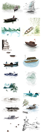 106款水墨山水画中国风湖泊水墨人物船划船小船木船PNG设计素材-淘宝网