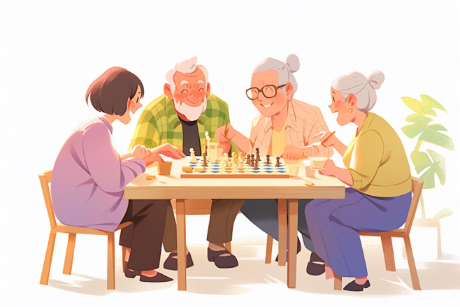 下棋卡通老年人退休娱乐生活插画图片