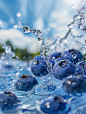 A few blueberries splashing in water, In the background is a clear stream, an abstract design, Sunshine, The blue sky and white clouds, Macro, in the style of advertising photography, Liquid explosion, high resolution, highly detailed, bright colors, a cl