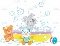 快乐的小狗狗洗浴，在泡泡浴中玩耍，飞溅着泡沫，白色背景上孤立的病媒卡通画