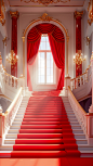 In the red staircase above the golden handrail there are red curtains, three-dimensional sense, real scene, white and gold walls, golden Windows, shining,4K,wealthy，High quality,Exaggerated perspective，HD