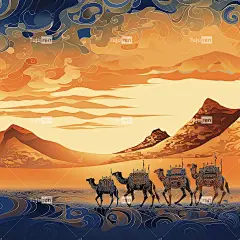 敦煌艺术风格插图骆驼商队穿越沙漠丝绸之路的沙漠风光四周海报