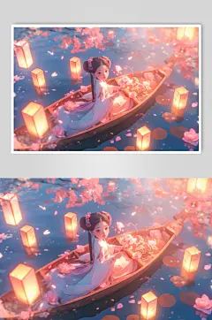 数字艺术中元节清明节放河灯古风人物插画