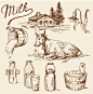 手绘素描牧场牛奶奶牛奶瓶奶桶小木屋森林插画图案元素矢量素材