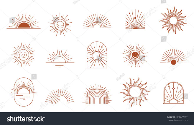 波希米亚线性标志，图标和符号，太阳，弧形...