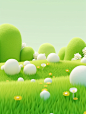 3d green grass and trees in the grass, in the style of playful, whimsical illustrations, delicate flowers, rendered in cinema4d, mori kei, playful cartoons, spiky mounds, white and green