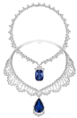 On top: Harry Winston necklace with 68.79cts cushion-cut sapphire and diamonds. On bottom: Chopard necklace with a 60 cts pear-shaped sapphire and diamonds