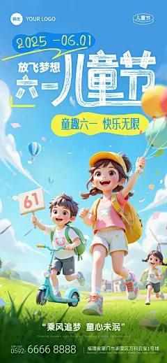 六一儿童节软3D奔跑祝福海报AIGC