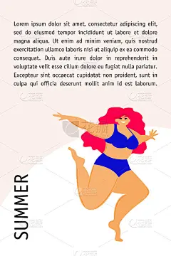 卡通女士在泳衣卡模板。夏季女孩时尚寻找设计的派对卡，销售广告，温泉度假村海报，t恤或包印花等。