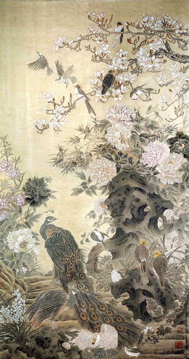 繁花孔雀水墨画高清图片 中国古画|设计稿...