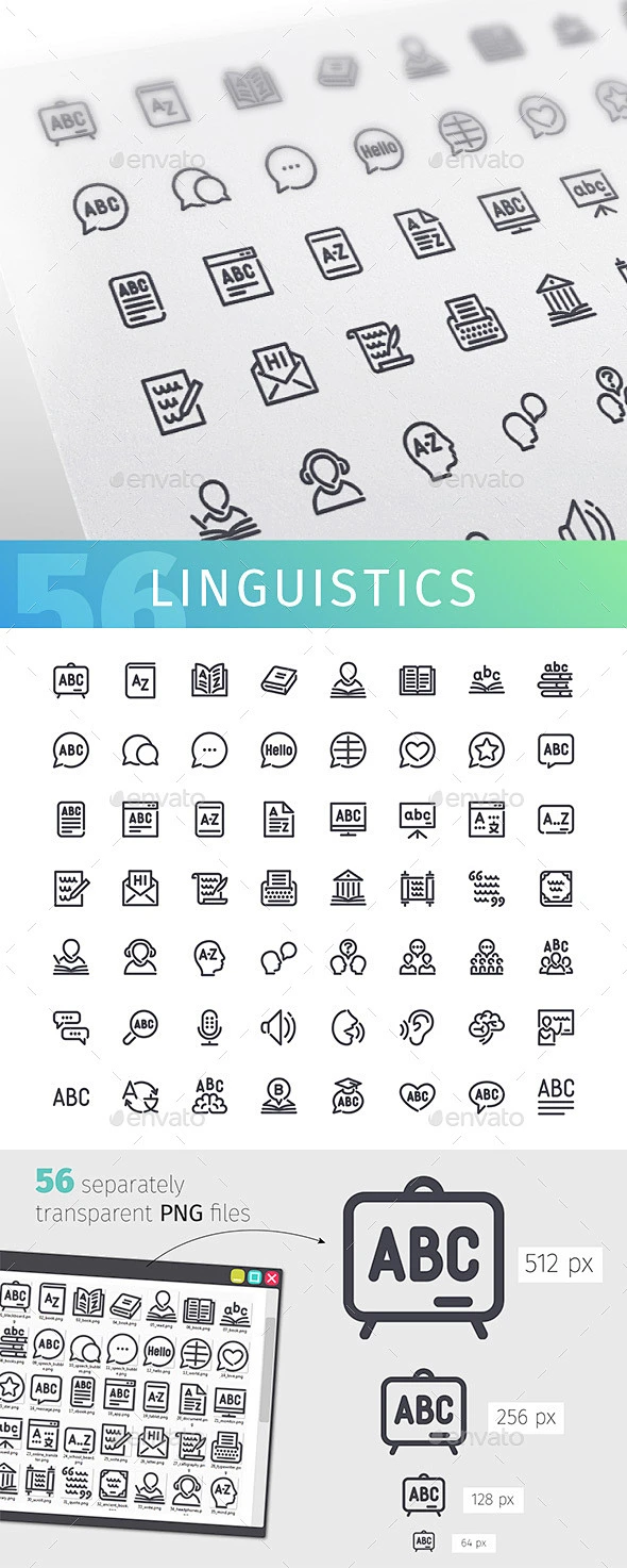 语言学图标设置行-杂项图标Linguistics Line Icons Set - Miscellaneous Icons黑板、书、书法、通讯 ...